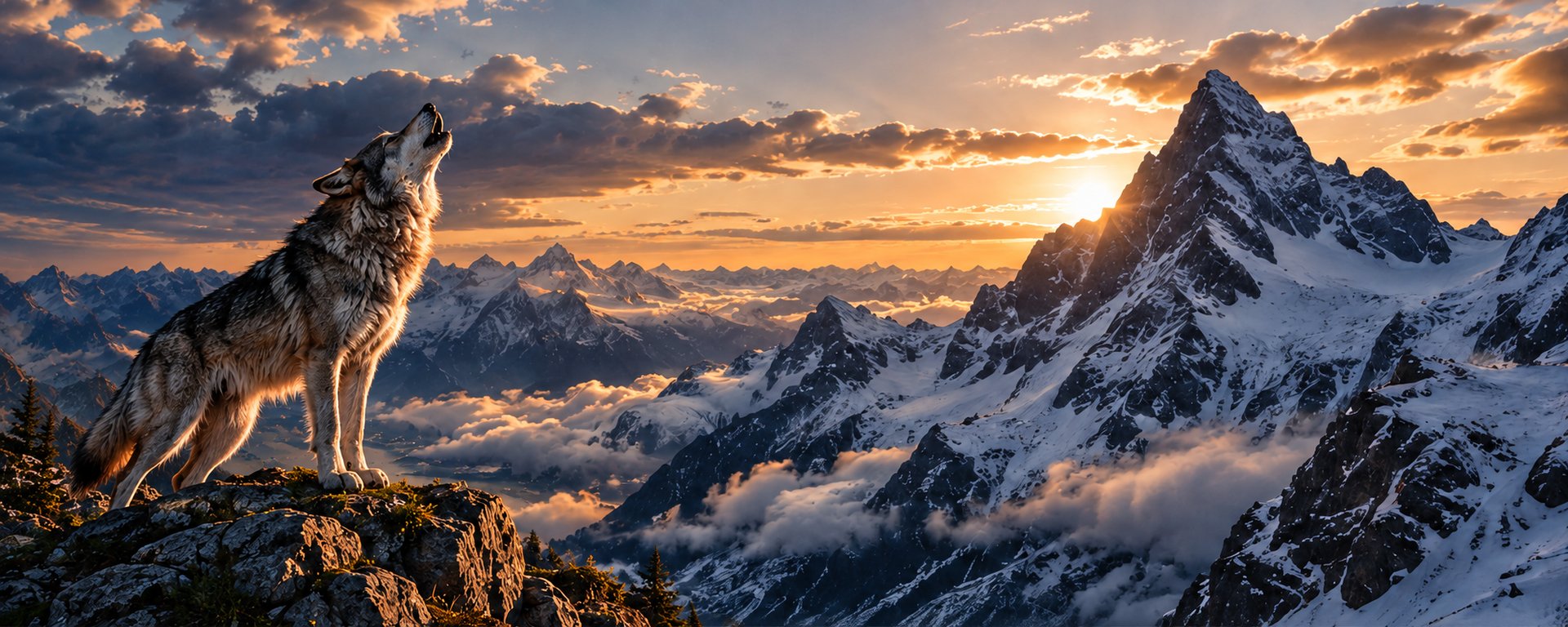 A howling wolf on a rocky ledge overlooking snowy mountains at sunset